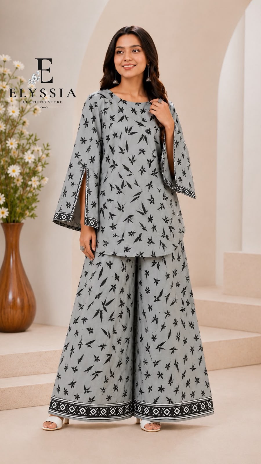 Women's Grey & Black Leaf Print Wide-Leg Co-Ord Set
