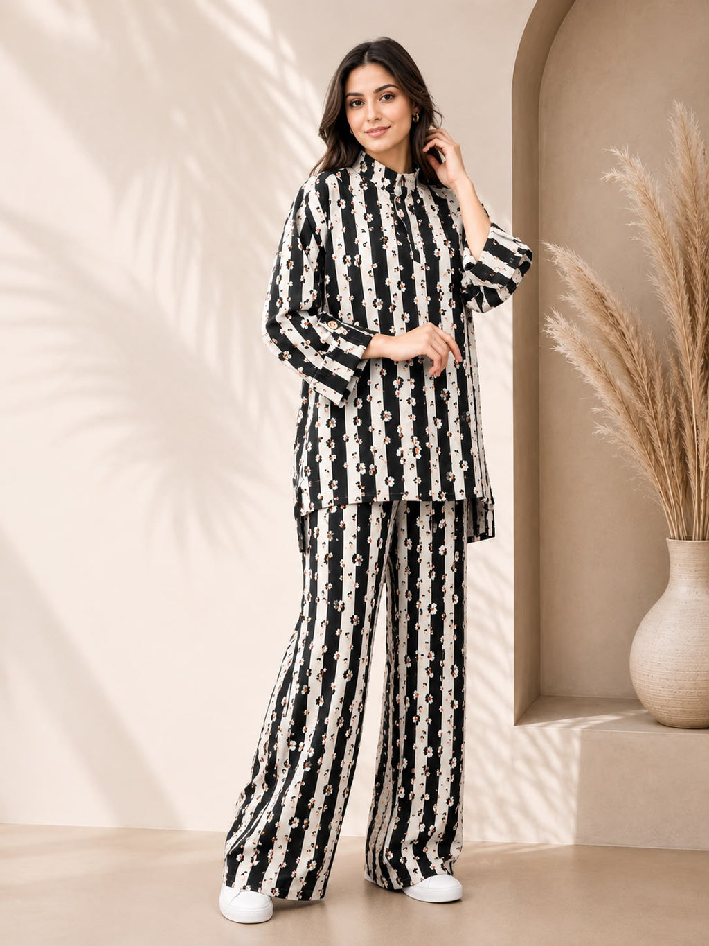 Monochrome Floral Stripe 2-Piece Co-Ord Set