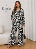 Women's Black & White Marble Print Wide-Leg Co-Ord Set