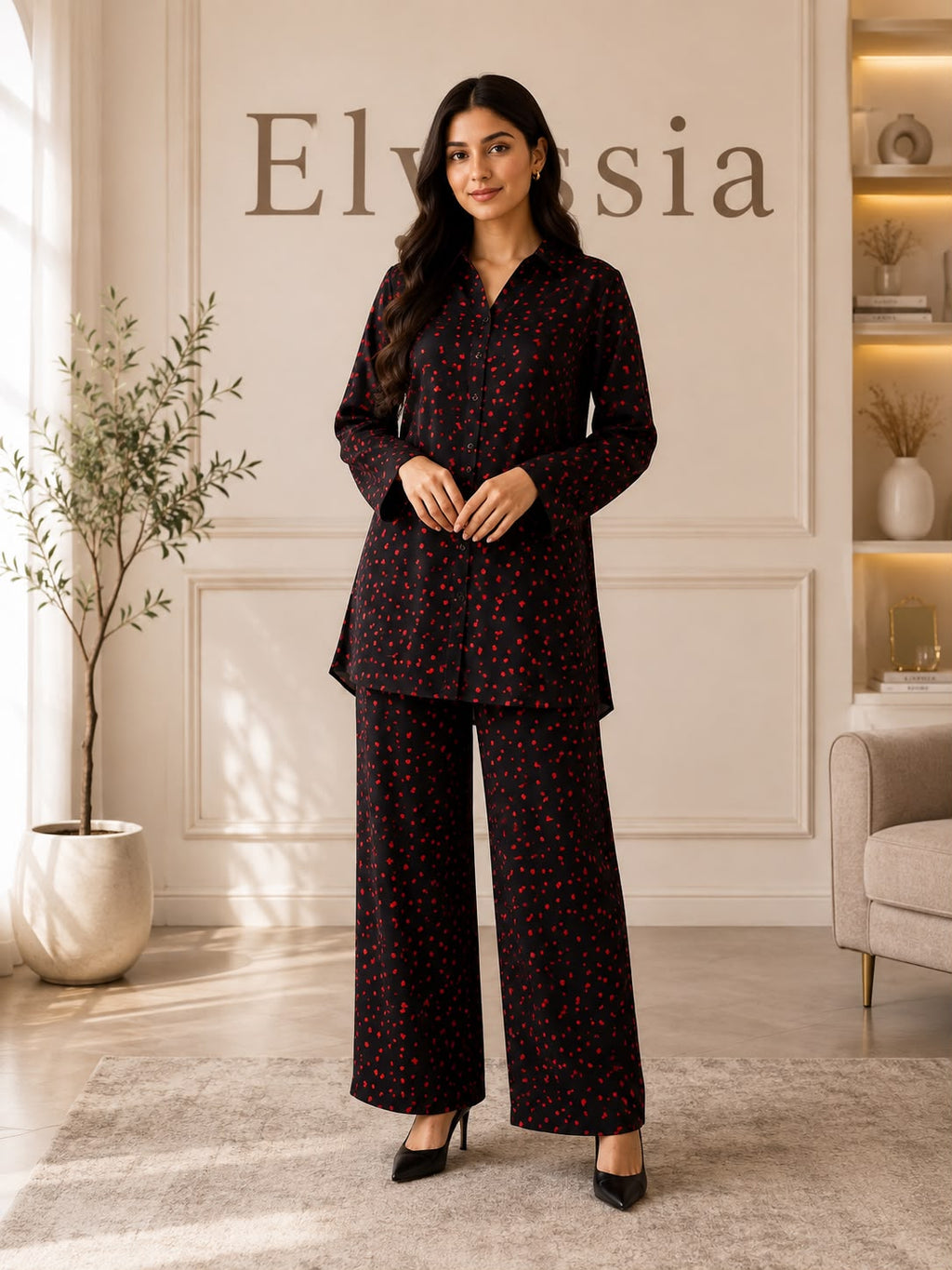 Women's Black Micro-Floral Print Wide-Leg Co-Ord Set