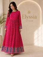 Women's Pink Printed Traditional Flared Anarkali Maxi Dress