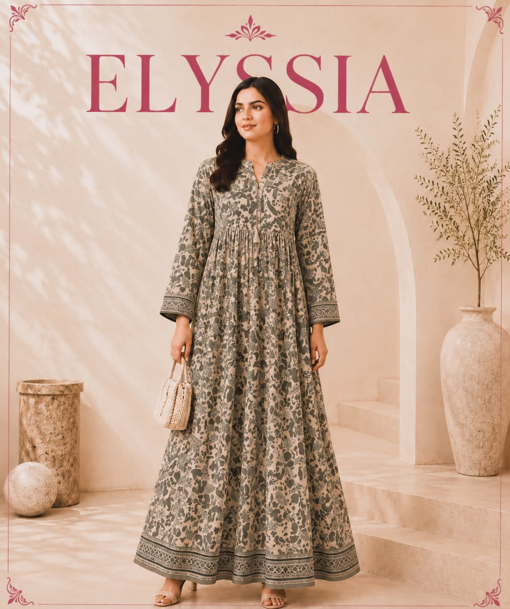 Women's Beige & Olive Floral Printed Longline Flared Dress