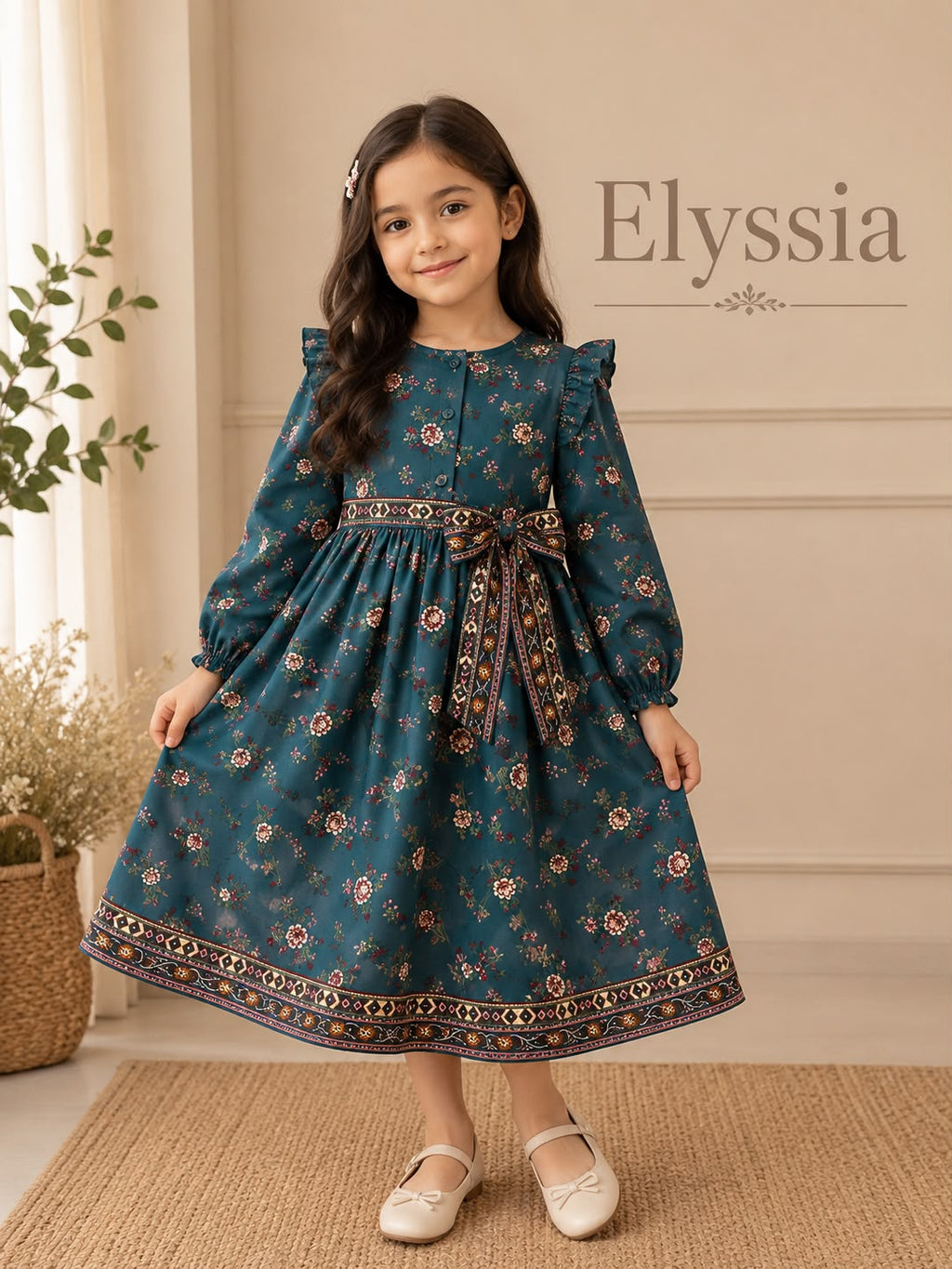Little Girls Teal Floral Printed Flared Frock Dress
