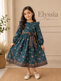 Little Girls Teal Floral Printed Flared Frock Dress