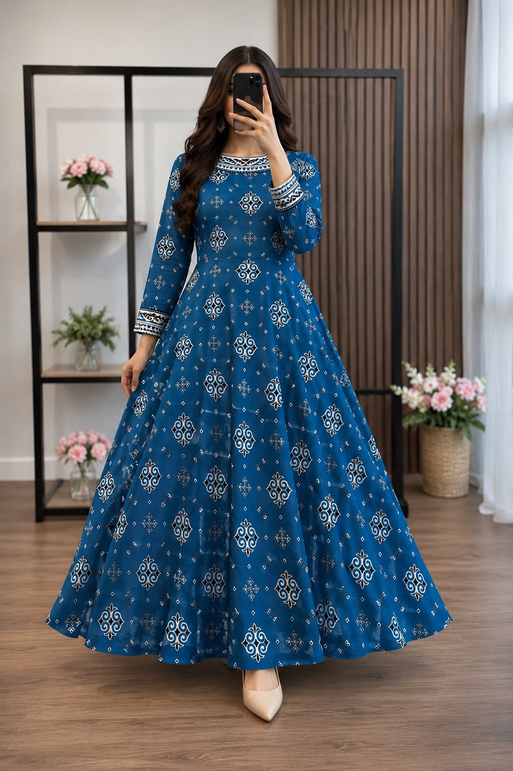 Women's Indigo Blue & Gold Printed Flared Maxi Frock